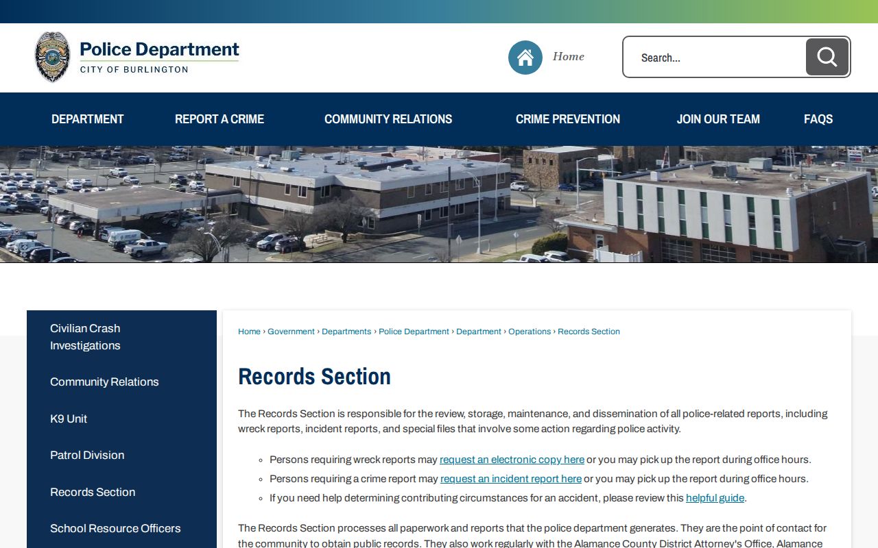 Burlington Police Records Section for arrest and incident records in Alamance County