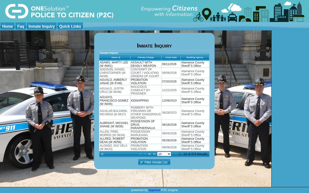Alamance County current arrest custody roster search