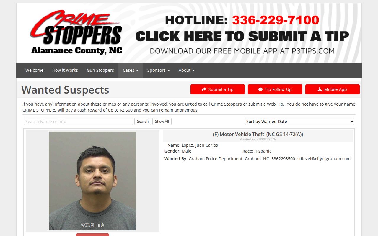 Alamance County wanted arrest tip listings