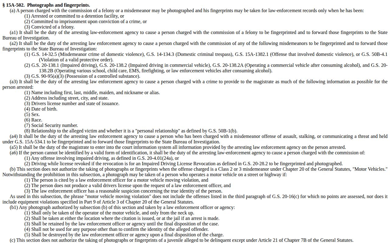 North Carolina law affecting Alamance County arrest booking photographs