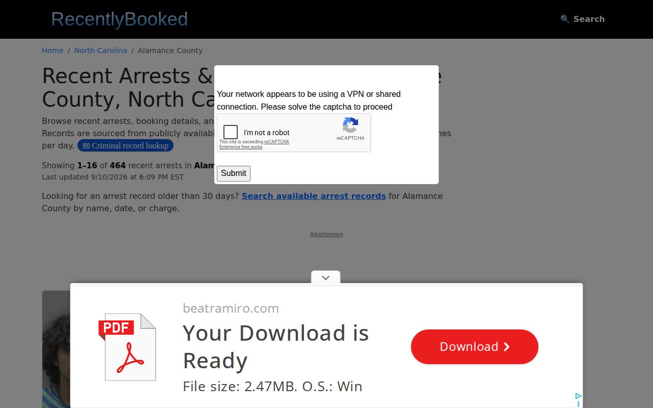 Unofficial Alamance County recent arrest republisher interface